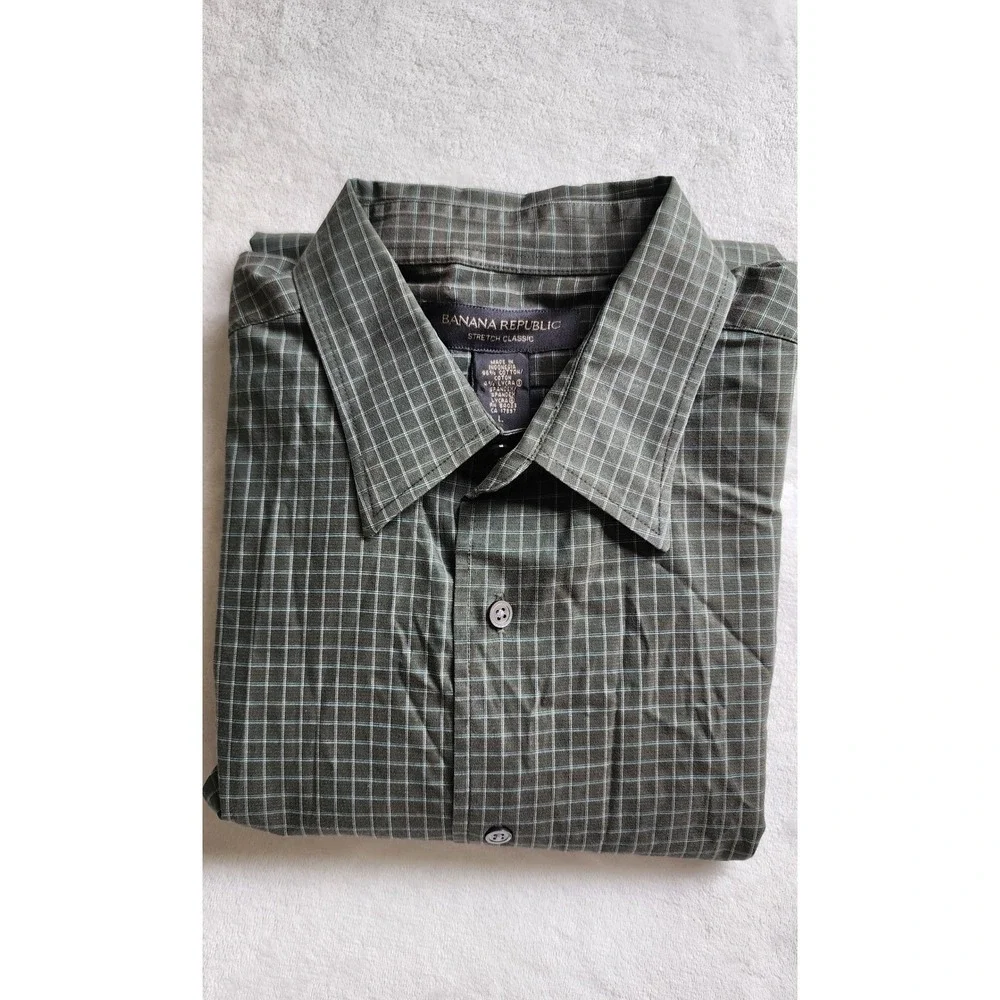 Banana Republic Stretch Classic Shirt Mens Large Olive Green Blue Grid Check L/S